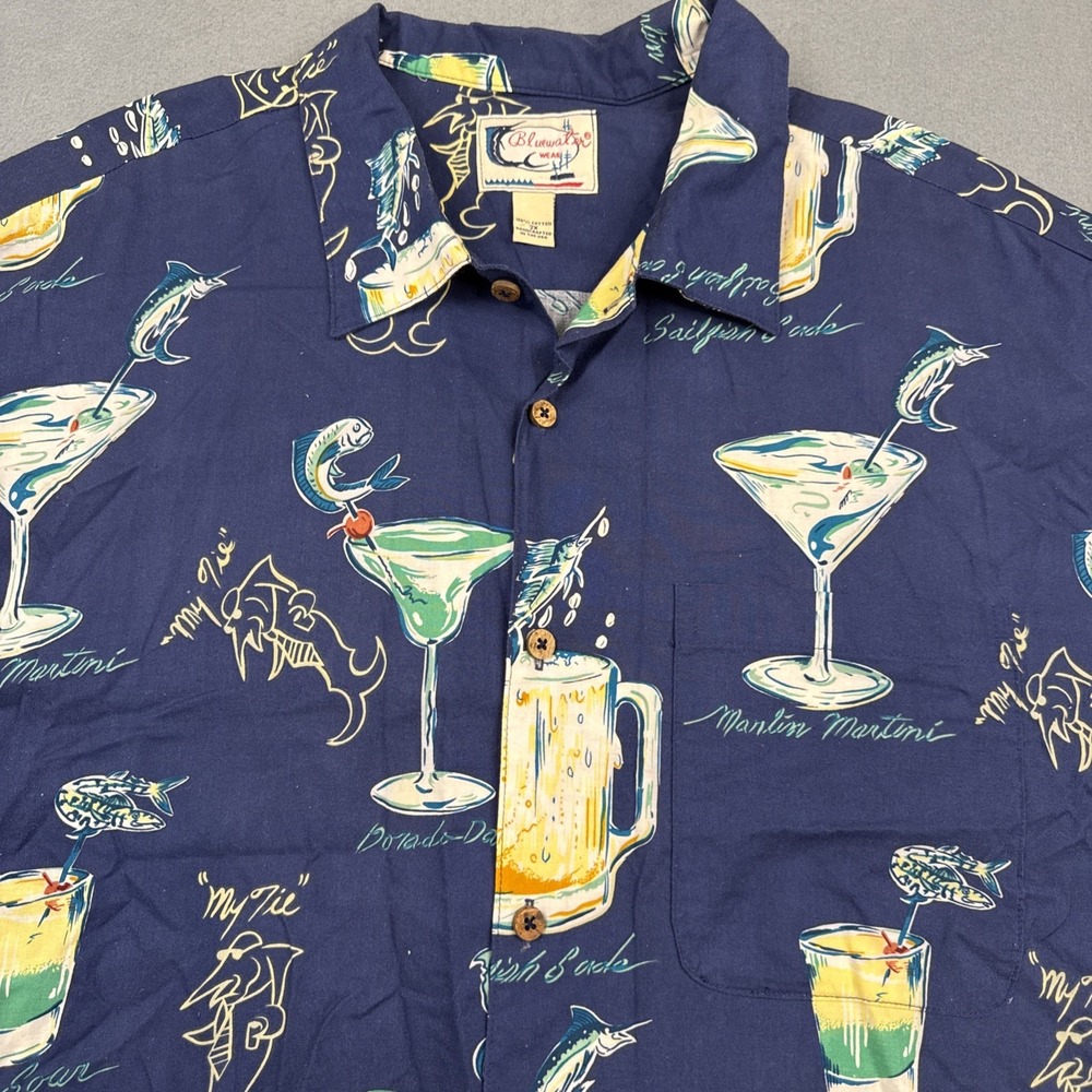 Bluewater Wear Button Up Shirt Mens 2XL Blue Hawaiian  DRINKS Aloha USA Made